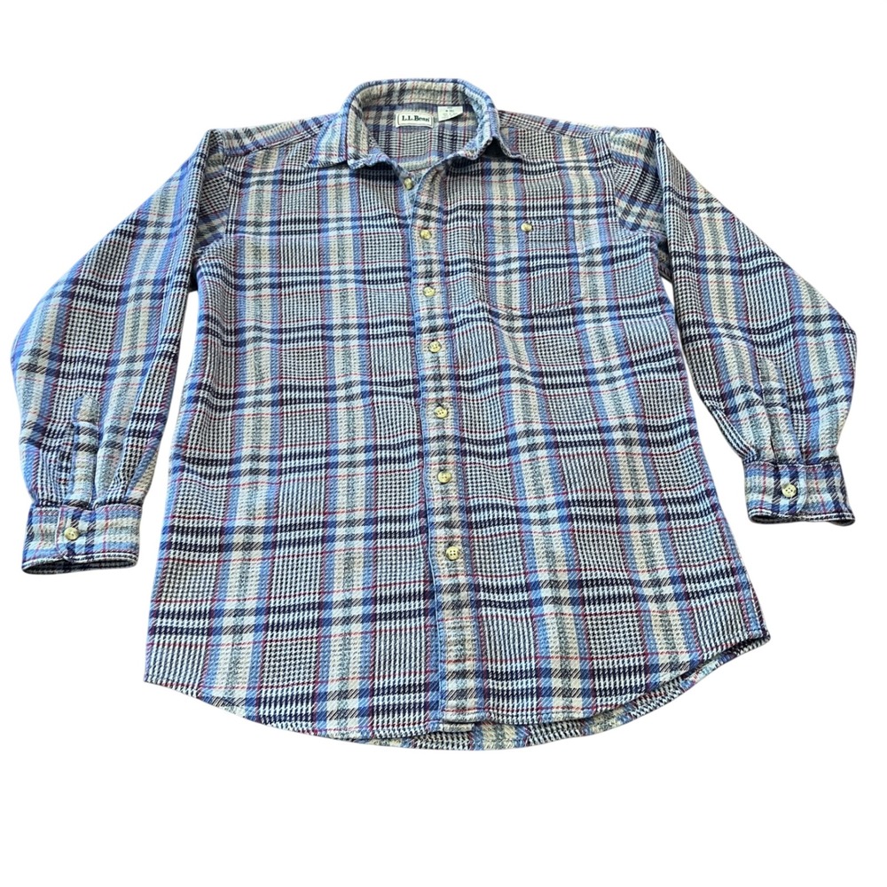 LL Bean Mens Flannel Shirt Medium Tall Blue Gray Plaid Cotton Button Down